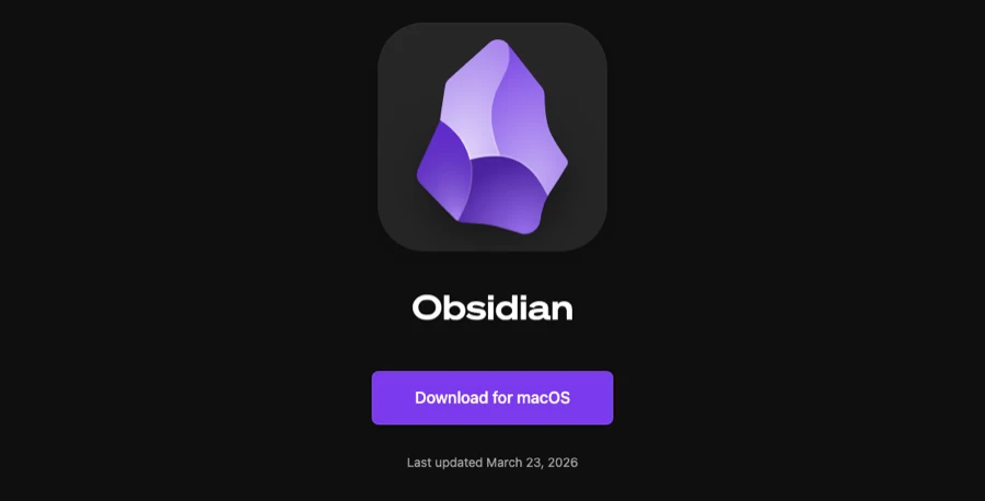 דף ההורדה של Obsidian עם כפתור סגול גדול